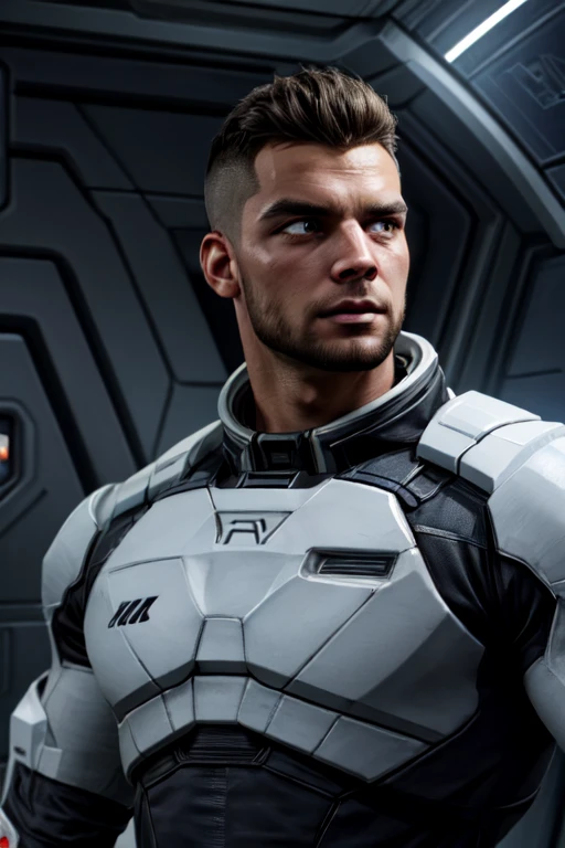 James Vega,  solo,  extreme short mohawk hair,  black hair,  brown eyes,  tan skin,  facial hair,  1boy,  tatoo,  (undershirt),  muscular,  bulky,  shiny skin,  handsome,  charming,  alluring,  intense gaze,  standing,  (upper body in frame),  Mass Effect location,  futuristic,  space ship,  dark atmosphere,  cinematic light,  perfect anatomy,  perfect proportions,  perfect perspective,  8k,  HQ,  HD,  UHD,  (best quality:1.2,  hyperrealistic:1.2,  photorealistic:1.2,  madly detailed CG unity 8k wallpaper:1.2,  masterpiece:1.2,  madly detailed photo:1.2),  (hyper-realistic lifelike texture:1.2,  realistic eyes:1.2),  picture-perfect face,  perfect eye pupil,  detailed eyes,  front view,<lora:EMS-498-EMS:0.200000>,<lora:EMS-267148-EMS:0.800000>