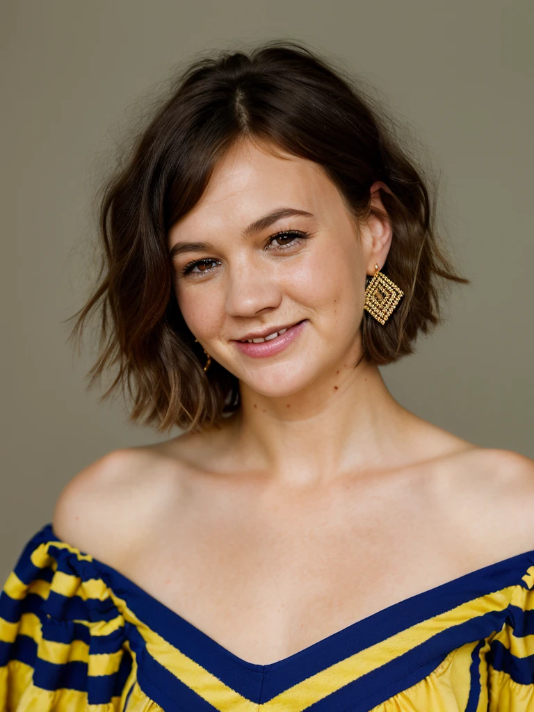 Realistic photo of a beautiful c4r3ym woman,1girl,solo,smile,short hair,simple background,brown hair,white background,dress,bare shoulders,brown eyes,jewelry,cowboy shot,earrings,teeth,striped,mole,lips,mole under mouth,freckles,realistic,yellow dress,striped dress, soft lighting, professional Photography, Photorealistic, detailed, RAW, analog, sharp focus, 8k, HD, high quality, masterpiece<lora:c4r3ym:1.0>
