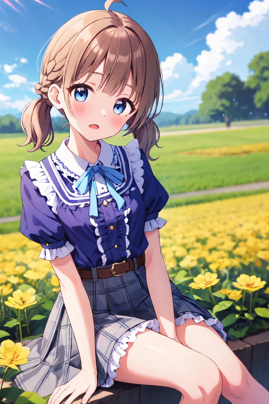 suou momoko, priv-dress, braid, 1girl, short hair, flower field, dutch angle, twintails, ahoge, blue sky, puffy short sleeves, blue bow, day, cloudy sky, frilled shirt, blue shirt, neck ribbon, blush, blurry background, blue ribbon, depth of field, blue eyes, brown skirt, plaid skirt, low twintails, sitting, tree, brown belt, short sleeves, short twintails, between legs, head tilt, sky, collared shirt, field, belt, yellow flower, pink flower, blurry foreground, open mouth, puffy sleeves, eyebrows visible through hair, frills, looking at viewer, brown hair, frilled shirt collar, blue blouse, cloud, light particles, purple shirt, hand between legs, medium hair, blue neckwear, outdoors, frilled skirt, center frills <lora:suou_momoko_locon_v1:0.7>