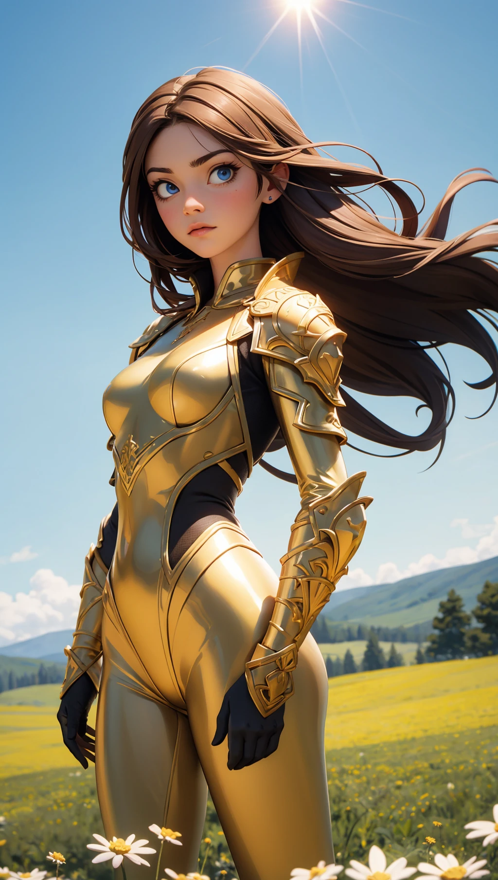 (masterpiece),(best quality),(extremely intricate),(sharp focus),(cinematic lighting),(extremely detailed),A young girl in armor,standing in a meadow of wildflowers. She is holding a sword. She has long brown hair adorned with wildflowers. Her expression is determined,and her eyes are shining with courage. The sun is shining brightly behind her,casting a golden glow over the scene.,flower4rmor,flower bodysuit,Flower,