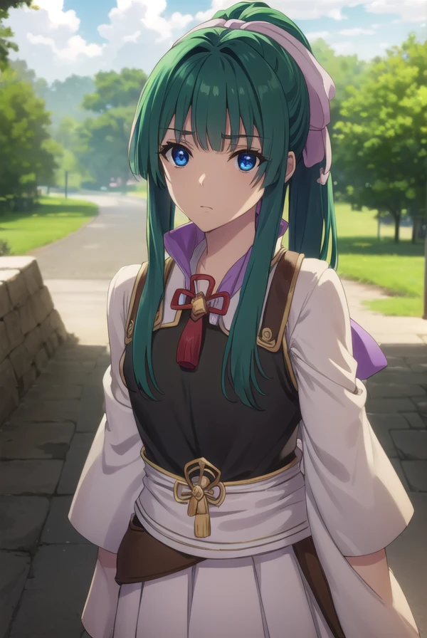 yomogiemarl, <lora:yomogi emarl s2-lora-nochekaiser:1>,
yomogi emarl, long hair, bangs, blue eyes, hair ornament, bow, hair bow, ponytail, green hair, hair intakes,
BREAK skirt, japanese clothes, hakama, hakama skirt,
BREAK outdoors, forest, nature, sky, sun, clouds,
BREAK looking at viewer, (cowboy shot:1.5),
BREAK <lyco:GoodHands-beta2:1>, (masterpiece:1.2), best quality, high resolution, unity 8k wallpaper, (illustration:0.8), (beautiful detailed eyes:1.6), extremely detailed face, perfect lighting, extremely detailed CG, (perfect hands, perfect anatomy),