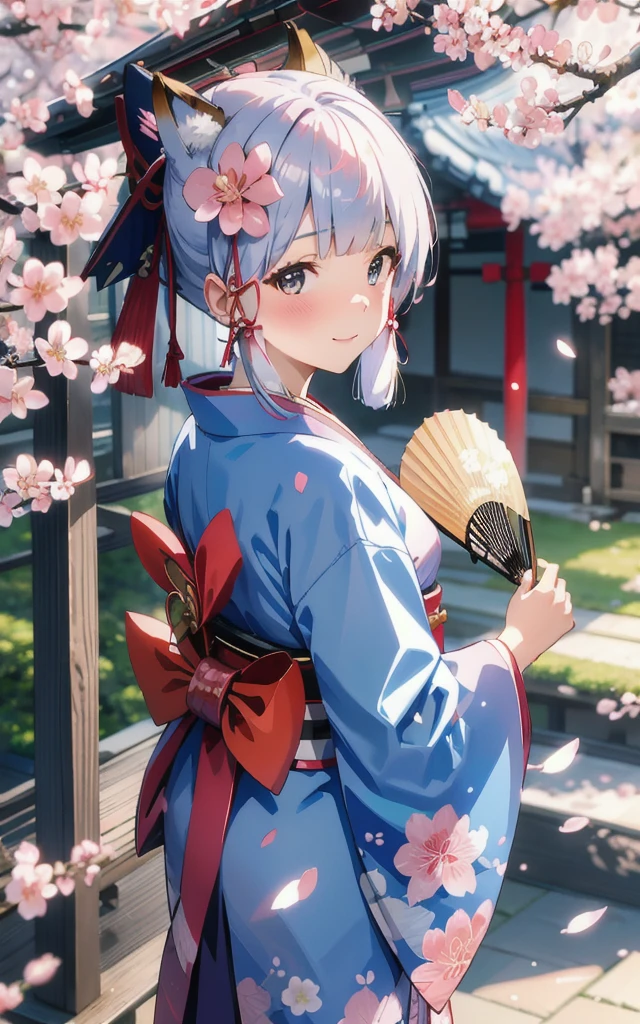 <lora:meinamix_ayaka_v2:0.6>, kamisato, blush, blue kimono, blurry background, bow, branch, cherry blossoms, depth of field, falling petals, fox mask, hanami, hand fan, holding fan, japanese clothes, long sleeves, looking at viewer, mask on head, obi, outdoors, smile, solo, spring \(season\), tree, wide sleeves