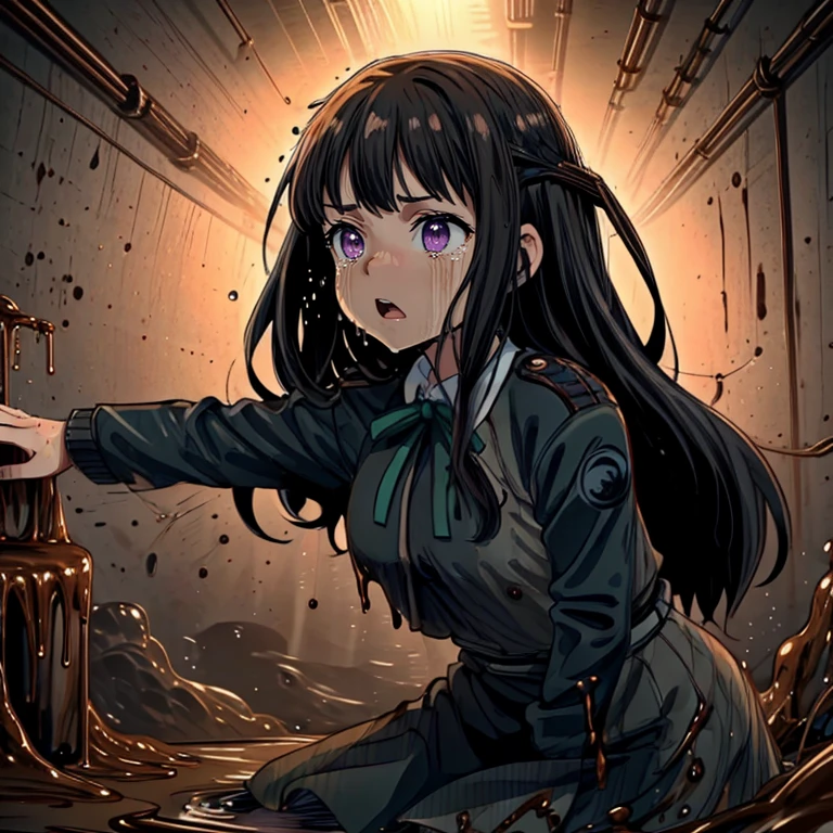 ((top quality, 8k wallpaper)),(masterpiece, best quality),extremely detailed,high definition,(official art:1.3),(((anime screencap,black outline))),<lora:more_details:0.3>,<lora:LCM_LoRA_Weights_SD15:1>,1girl,solo,scared,panicking,constricted pupils,screaming,raised eyebrows,wide-eyed,crying,tears, BREAK <lora:takina_inoue_v1:0.75>,takina inoue,purple eyes,black hair,long hair,black lycoris uniform,green ribbon,long sleeves,two-tone dress,pleated dress,collared shirt,kneehighs, BREAK <lora:sewageSubmerge:0.4>,(((partially submerged,brown slime (substance),submerged,guro,wet,brown food on head))),