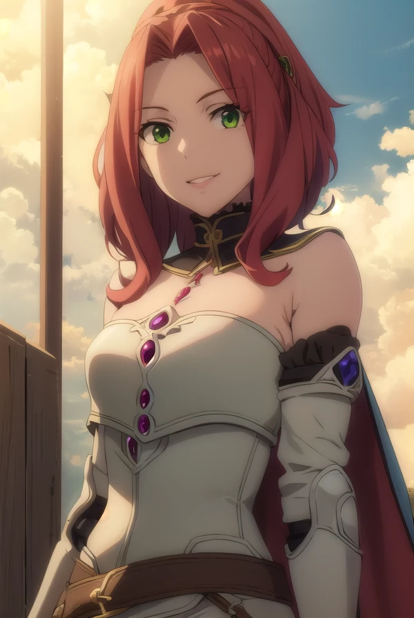 maltymelromarc, <lora:malty melromarc s1s2s3-lora-nochekaiser:1>,
malty melromarc, long hair, (green eyes:1.3), red hair, (parted bangs:1.5), ponytail, smile, grin,
BREAK bare shoulders, belt, cape, armor, breastplate,
BREAK outdoors, forest, nature, sky, sun, clouds,
BREAK looking at viewer, (cowboy shot:1.5),
BREAK <lyco:GoodHands-beta2:1>, (masterpiece:1.2), best quality, high resolution, unity 8k wallpaper, (illustration:0.8), (beautiful detailed eyes:1.6), extremely detailed face, perfect lighting, extremely detailed CG, (perfect hands, perfect anatomy),