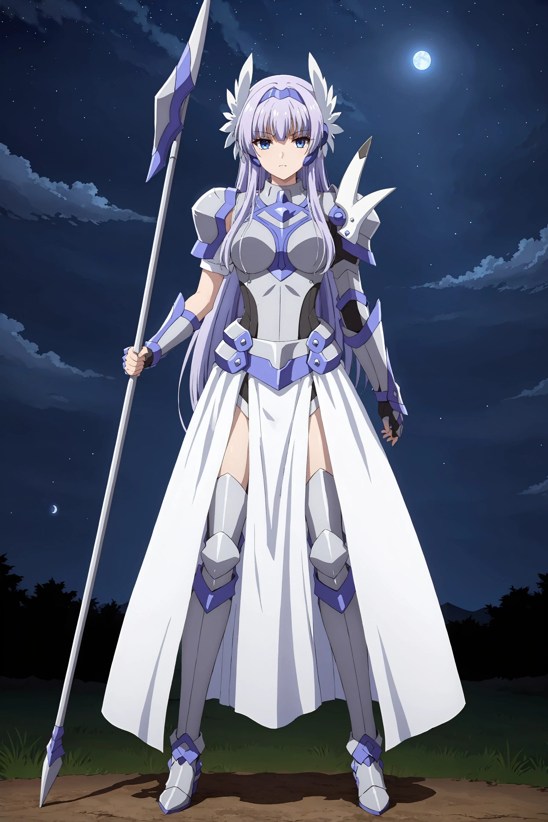 masterpiece, best quality, solo, standing, melfina, light purple hair, long hair, blue eyes, armor, breastplate, asymmetrical pauldrons, holding polearm, white long skirt, white pelvis curtain, armored boots, headgear, night sky background <lora:melfina-animaginexl-1:0.8>