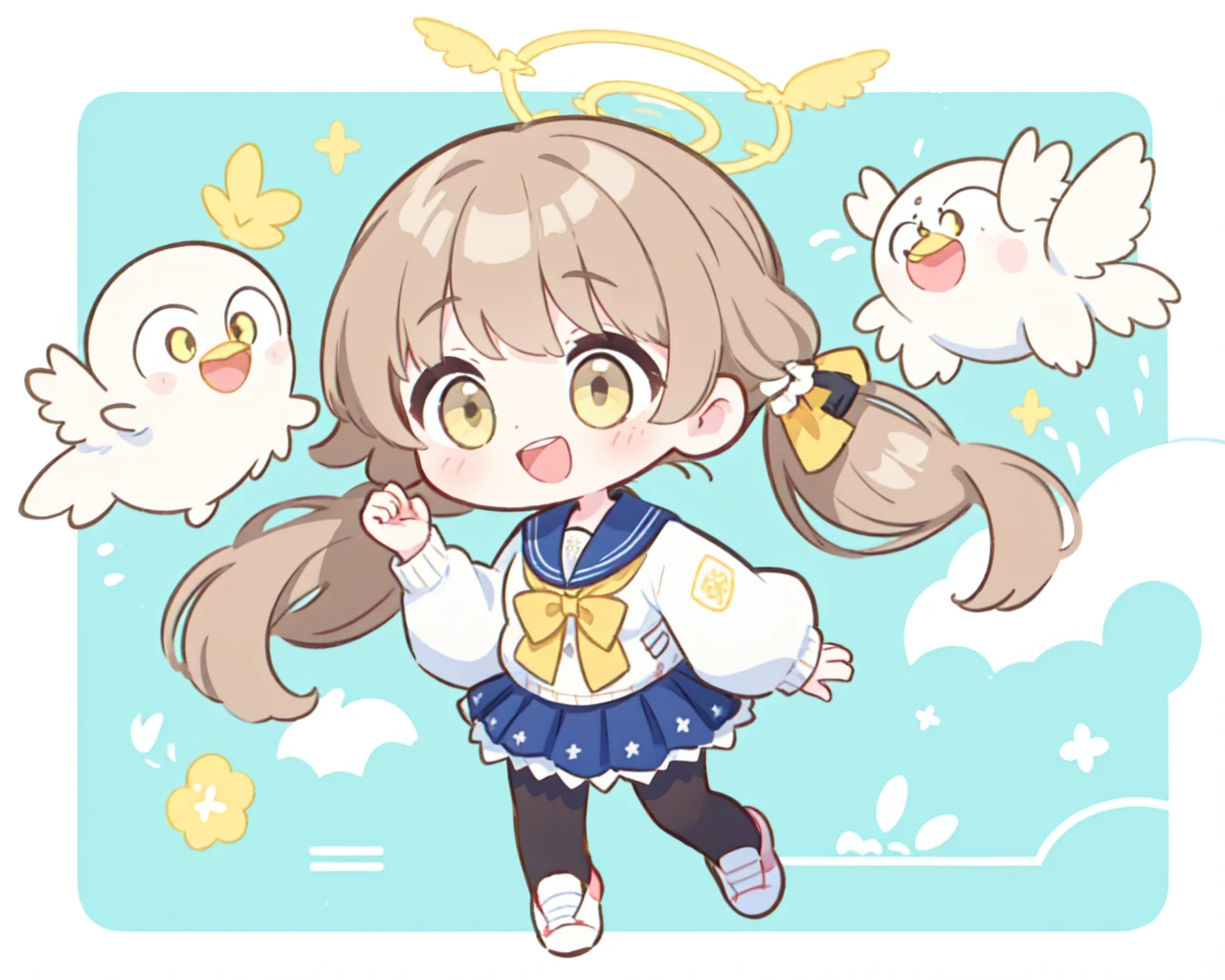 <lora:BlueSD:0.5>
<lora:hifumi-t94-e6:1>
ajitani hifumi
, 1girl
, school uniform, halo, [yellow eyes, long sleeves,  low twintails, light brown hair, black pantyhose:4]
, :d, chibi
, full body, [medium breasts:large breasts:4], solo, [sneakers:2].
close-up.