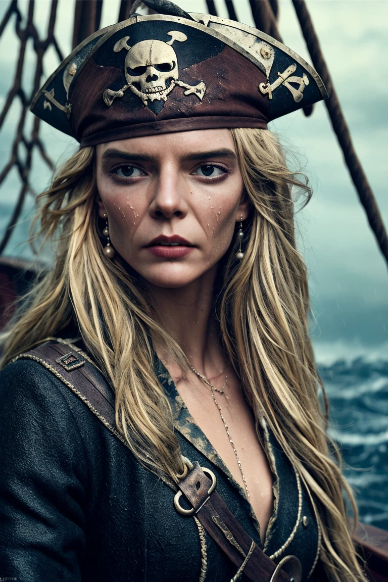 (movie still:1.25), face, 1girl, (medieval pirate lady:1.25), pirate clothing, rainy, wet, on pirate ship, soft colors, bokeh, masterpiece, high quality, (high detailed skin:1.1)
 <lora:anya_taylor_joy_lora_v01:1> anya96, blonde hair