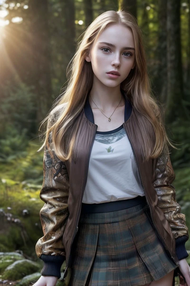 photo of S291_OksanaNeveselaya,a stunning woman,in a (forest:1.1),wearing a (jacket:1.1) and a (skirt),(sunset),(4k, RAW photo, best quality, depth of field, ultra high res:1.1),(absurdres, intricate, photorealistic, masterpiece, ultra-detailed:1.1),