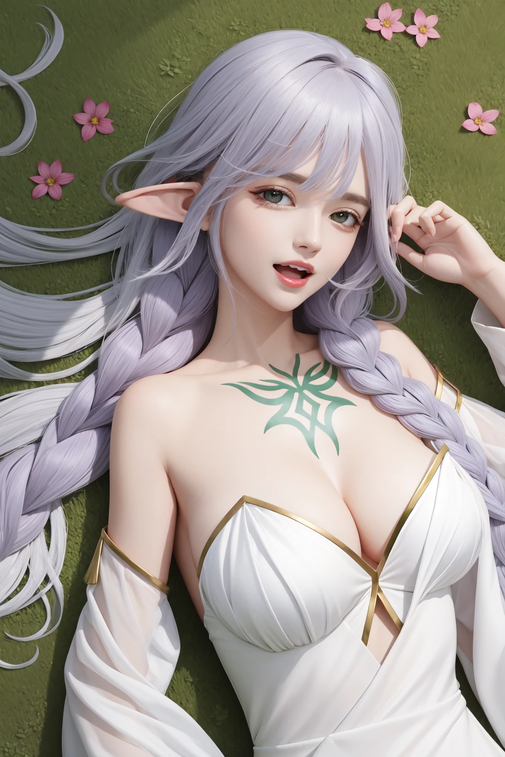 rukkhadevata \\\(genshin impact\\\),1girl,breasts,lying,green eyes,on back,solo,white hair,symbol-shaped pupils,flower,long hair,pointy ears,strapless dress,strapless,looking at viewer,large breasts,bare shoulders,dress,smile,holding,braid,bangs,grass,hair between eyes,detached sleeves,white dress,between breasts,purple flower,holding flower,dappled sunlight,upper body,arm between breasts,open mouth,sunlight,cleavage,multicolored hair,outdoors,aged up,sidelocks,cross-shaped pupils,leaf,<lora:æ ç-000024:0.8>,dacishuwang,tattoo,, 1girl,
,  (masterpiece,best quality:1.2),absurdres