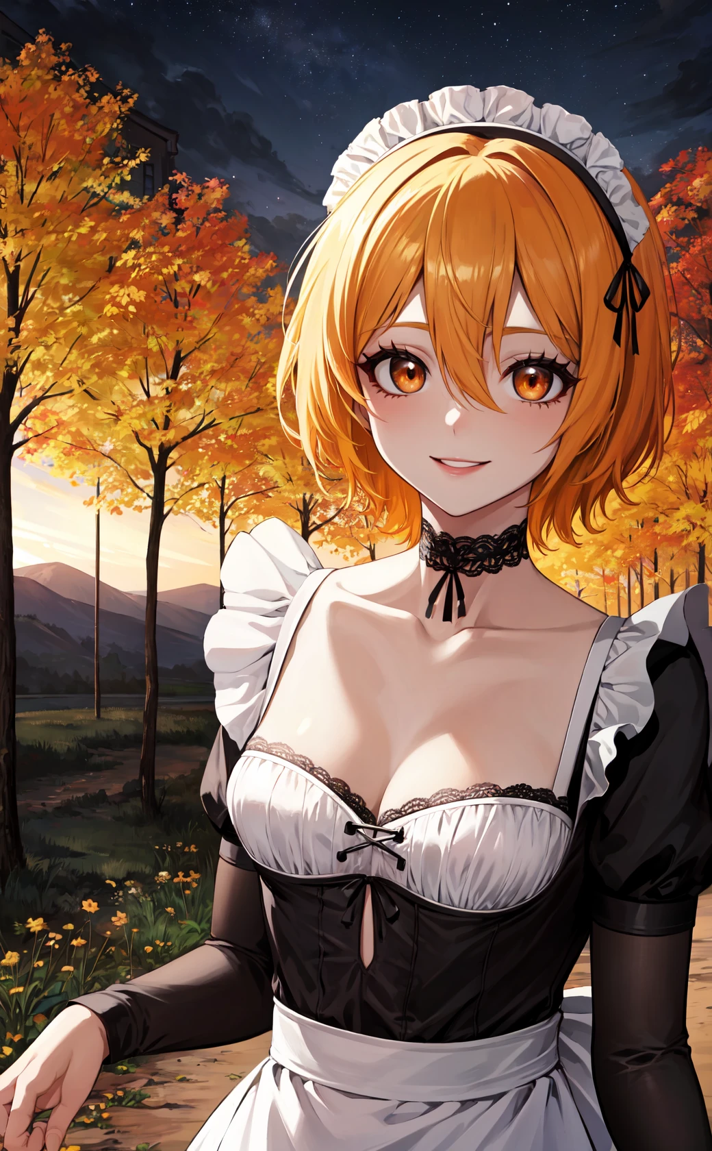 masterpiece, best quality, highres,
dondef, 1girl, solo, short hair, blonde hair, smile, yellow eyes, hair between eyes, orange eyes,
maid, maid headdress, maid apron, lace trim, lace, hairband, lace-trimmed hairband, anchor choker, choker, medium breasts, cleavage, collarbone, 
upper body, looking at viewer, hands on own chest, outdoors, forest, field, night, darkness, shadow, sky, night sky, star \(sky\), starry sky, <lora:LoRA_Don:1>