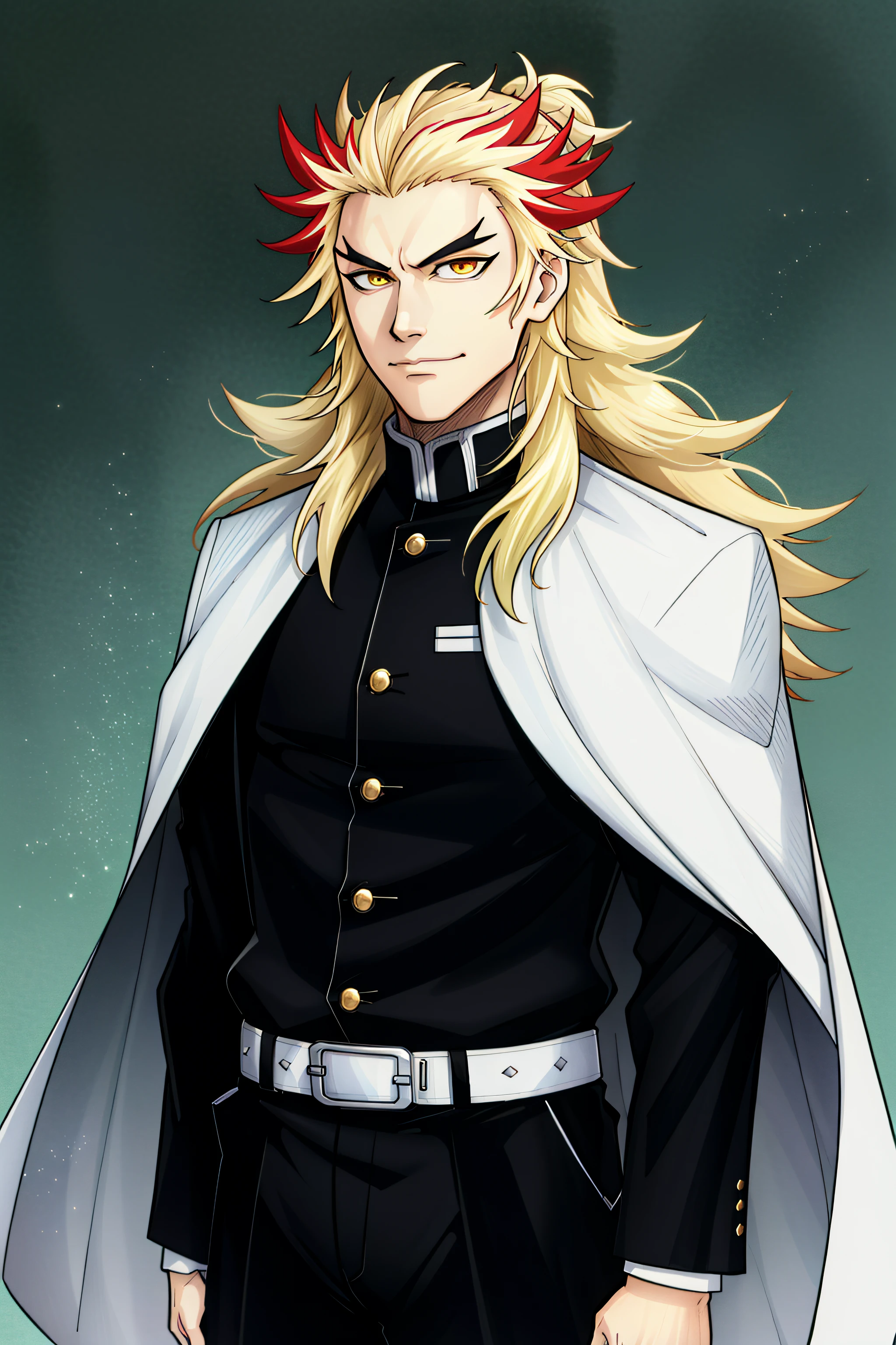 devil hs,color square background,
rengoku kyojuro, solo, jacket, demon slayer uniform, forked eyebrows, 1boy, male focus, black jacket, long hair, cape, long sleeves, looking at viewer, closed mouth, smile, belt, pants
<lora:devil hs sd-000006:0.6> , <lora:demonslayer_rengoku-10:0.6>