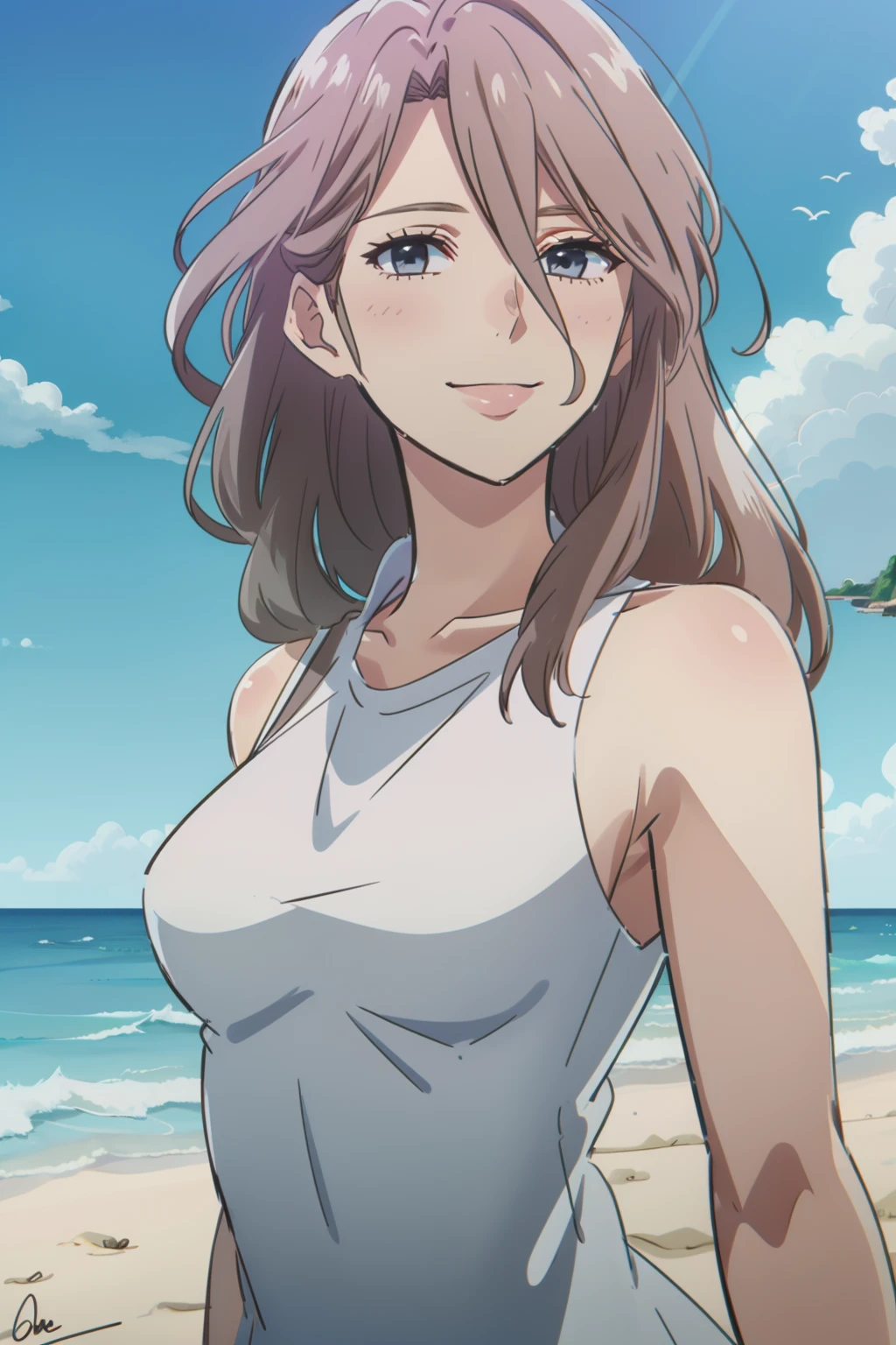 (best quality:1.3), (masterpiece:1.3) <lora:nishimiya_yaeko-15:0.7> nyaeko, long hair, 1girl, solo, looking at viewer, wind, smile, beach, black eyes, white dress,