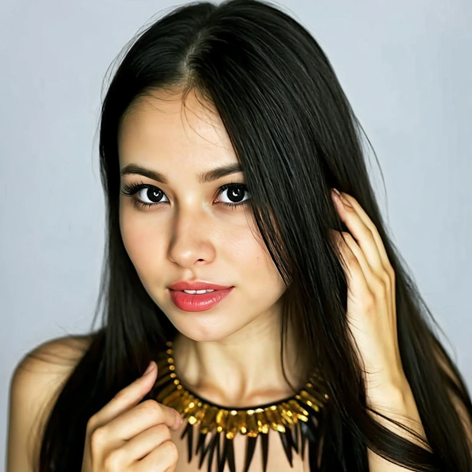 <lora:NativeBrazilianSD-000021:.8> Native Brazilian, 1girl, black hair, jewelry, medium breasts, necklace, headband, long hair, lips, water, cleavage, partially submerged, brown eyes, nature, realistic, nose, armband, looking at viewer, tattoo