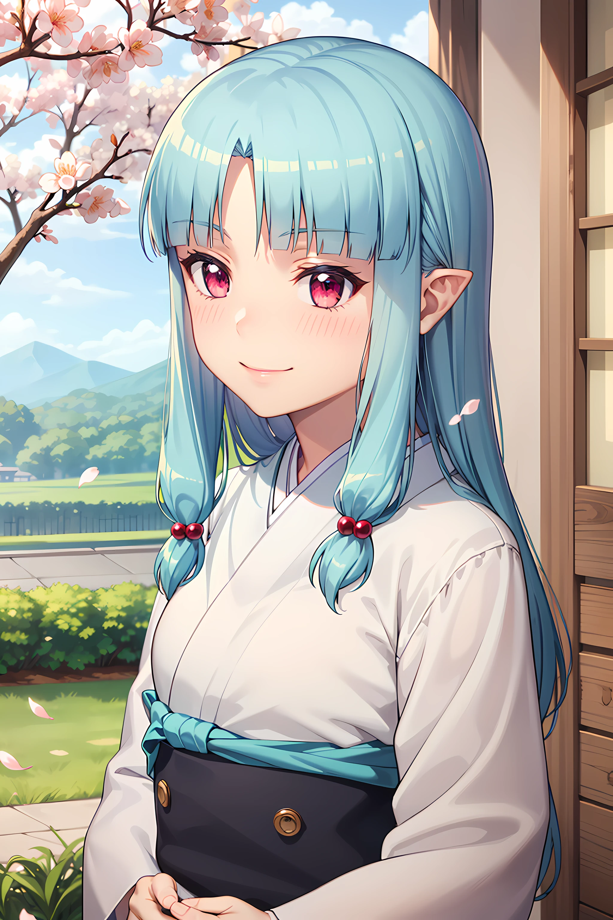 best quality, masterpiece, detailed,
<lora:Tsugumomo_Kiriha:0.9>, Kiriha,
1girl, closed mouth, smile, blush,
aqua hair, red eyes, long hair, hair beads, blunt bangs, parted bangs, pointy ears,
KirihaKimono, japanese clothes, white kimono, (blue obi:1.2),
standing, (facing viewer:1.2), portrait, looking at viewer,
outdoors, cherry blossoms, petals, falling petals