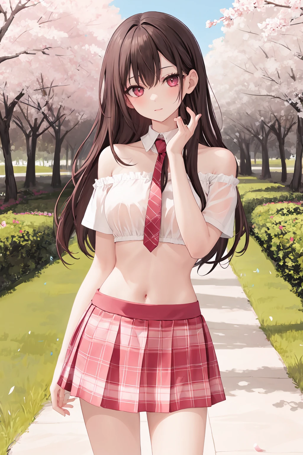 masterpiece,best quality,highres,ultra-detailed,cowboy_shot,(facing_viewer:1.1),solo,1girl,big_breasts,straight_long_hair,standing,outdoors,garden,cherry blossom trees,low_cut_school_uniform, plaid skirt, necktie, navel,<lora:low_cut_school_uniform:1>
