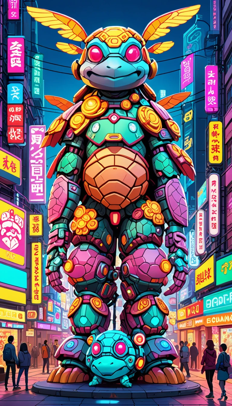 kawaii style At the heart of a neon-lit cyberpunk district, a colossal totem pole towers over the inhabitants, crafted entirely from the cybernetic shells of turtles stacked atop each other. These transformed creatures appear as if fused with circuits, screens, and metallic appendages, displaying intricate designs that tell stories of evolution, adaptation, and resistance. The totem pole stands as a testament to a community's ability to integrate technology and tradition, a beacon of hope and solidarity in a world threatened by corporate greed and omnipresent surveillance. . cute, adorable, brightly colored, cheerful, anime influence, highly detailed