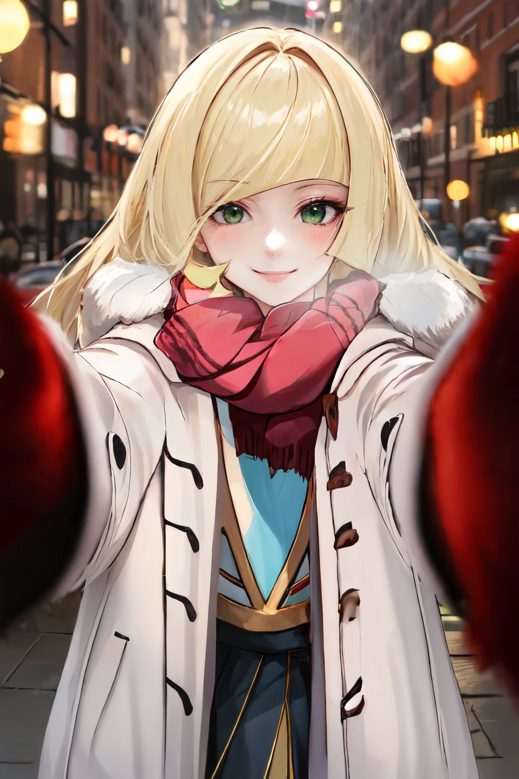 pov cheek warming, 1girl, smile, solo, looking at viewer, coat, scarf, <lora:pov_cheek_warming:1> <lora:lusamine_pokemon:1> Lusamine, very long hair,blonde hair ,green eyes