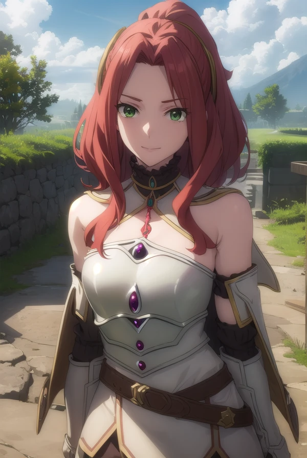 maltymelromarc, <lora:malty melromarc s1s2s3-lora-nochekaiser:1>,
malty melromarc, long hair, (green eyes:1.3), red hair, (parted bangs:1.5), ponytail, smile, grin,
BREAK bare shoulders, belt, cape, armor, breastplate,
BREAK outdoors, forest, nature, sky, sun, clouds,
BREAK looking at viewer, (cowboy shot:1.5),
BREAK <lyco:GoodHands-beta2:1>, (masterpiece:1.2), best quality, high resolution, unity 8k wallpaper, (illustration:0.8), (beautiful detailed eyes:1.6), extremely detailed face, perfect lighting, extremely detailed CG, (perfect hands, perfect anatomy),