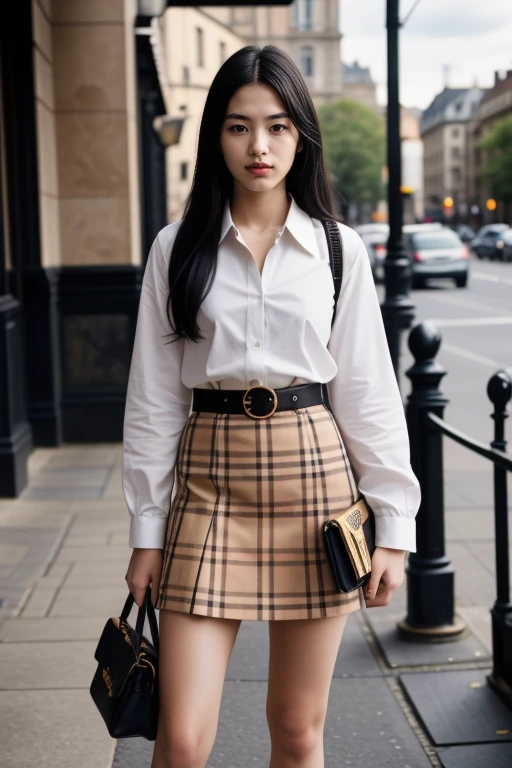 1 woman, 22yo, realistic, masterpiece, high detailed skin, looking at viewer, full body shot, scenic view, long hair, black hair
<lora:Burberry_Shirt_Skirt_By_Stable_Yogi:0.8> burberry plaid, skirt, belt, white shirt