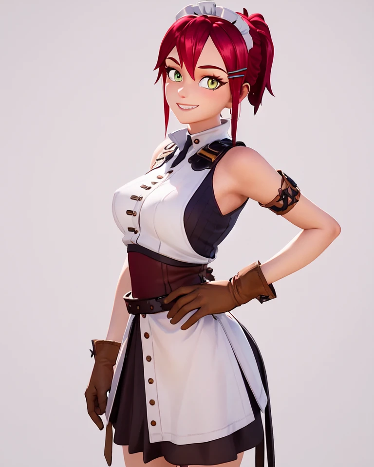 1girl, gloves, green eyes, grin, hair ornament, hairclip, looking at viewer,white background, short hair, smile, solo, yellow eyes, 3d, sylvia_pm, ponytail, medium breasts, cowboy shot, nipples, cowboy shot, maid headdress, maid, maid apron, <lora:L_Sylvia _pm_v1:0.55>