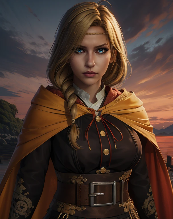 Maria,blonde hair,blue eye,braid over shoulder,string headband,single braid,
pants,belt,pelvic curtain,looking at viewer,
cape,brown dress,long sleeves,
standing,upper body,
edo_japan,underworld,red sky,
(insanely detailed, beautiful detailed face, masterpiece, best quality),solo,<lora:maria:0.8>,