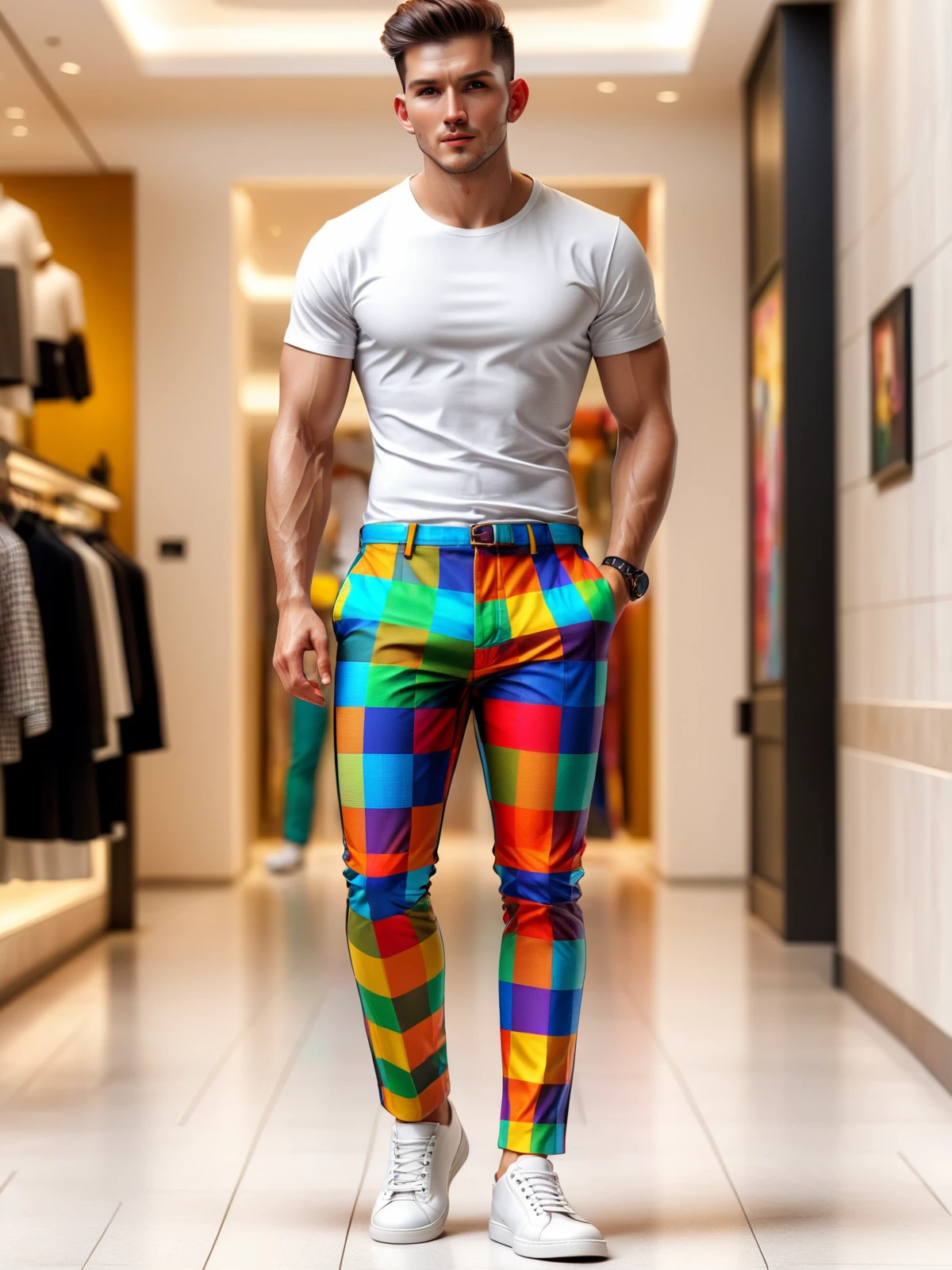 man wearing a mad_colorful_checkers pants and white tshirt, mall <lora:Colorful_Checker_SDXL:0.8>, (masterpiece:1.2), best quality