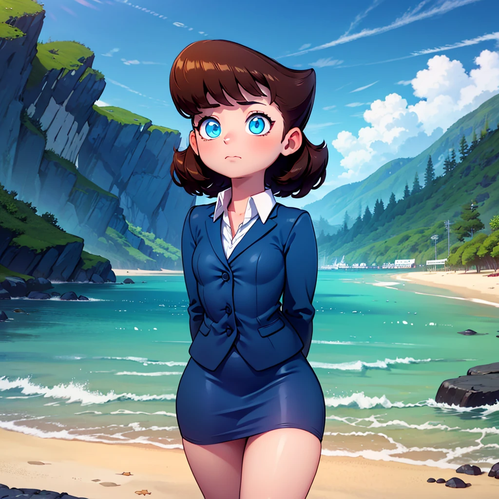 solo, 1girl, cowboy shot, solo, Lila test, formal, suit, jacket, blue skirt, pencil skirt , blue eyes, brown hair,  <lora:Lila_Test_Leaf2:0.8>,  beach, standing, arms behind back,