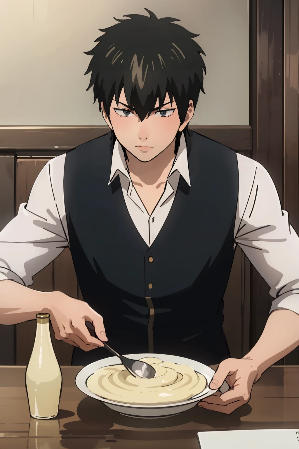 masterpiece,high quality,highres,solo,1boy,<lora:Hijikata-v4-wasabiya:1>,hijikata,male focus,grey eyes,black hair,sitting,table,dinner,holding,mayonnaise bottle,black vest,white shirt,