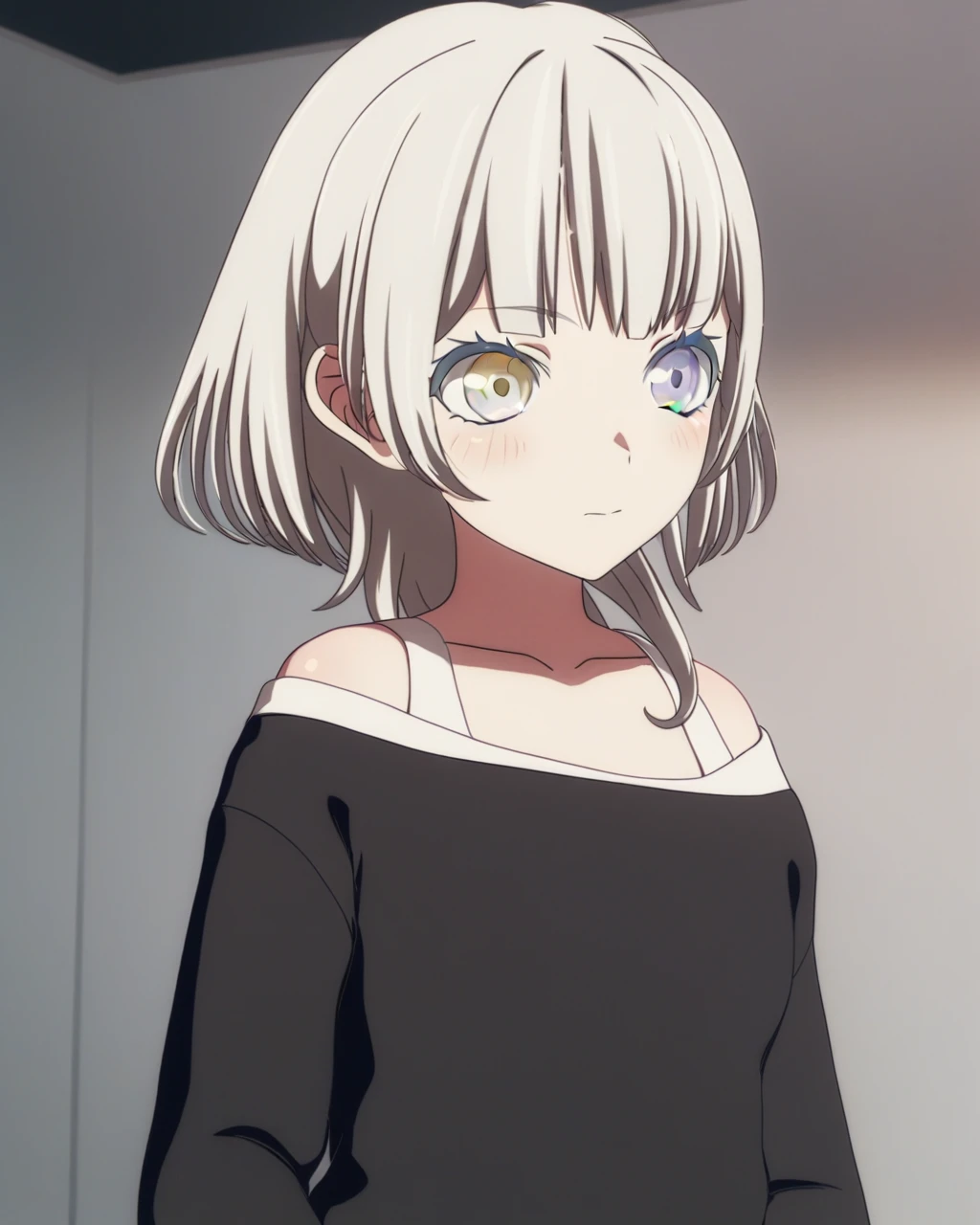 masterpiece, best quality,     <lora:ALL:1>,1girl, solo,1girl, Kaname RÄna, grey eyes,yellow eyes,heterochromia,shirt,off shoulder