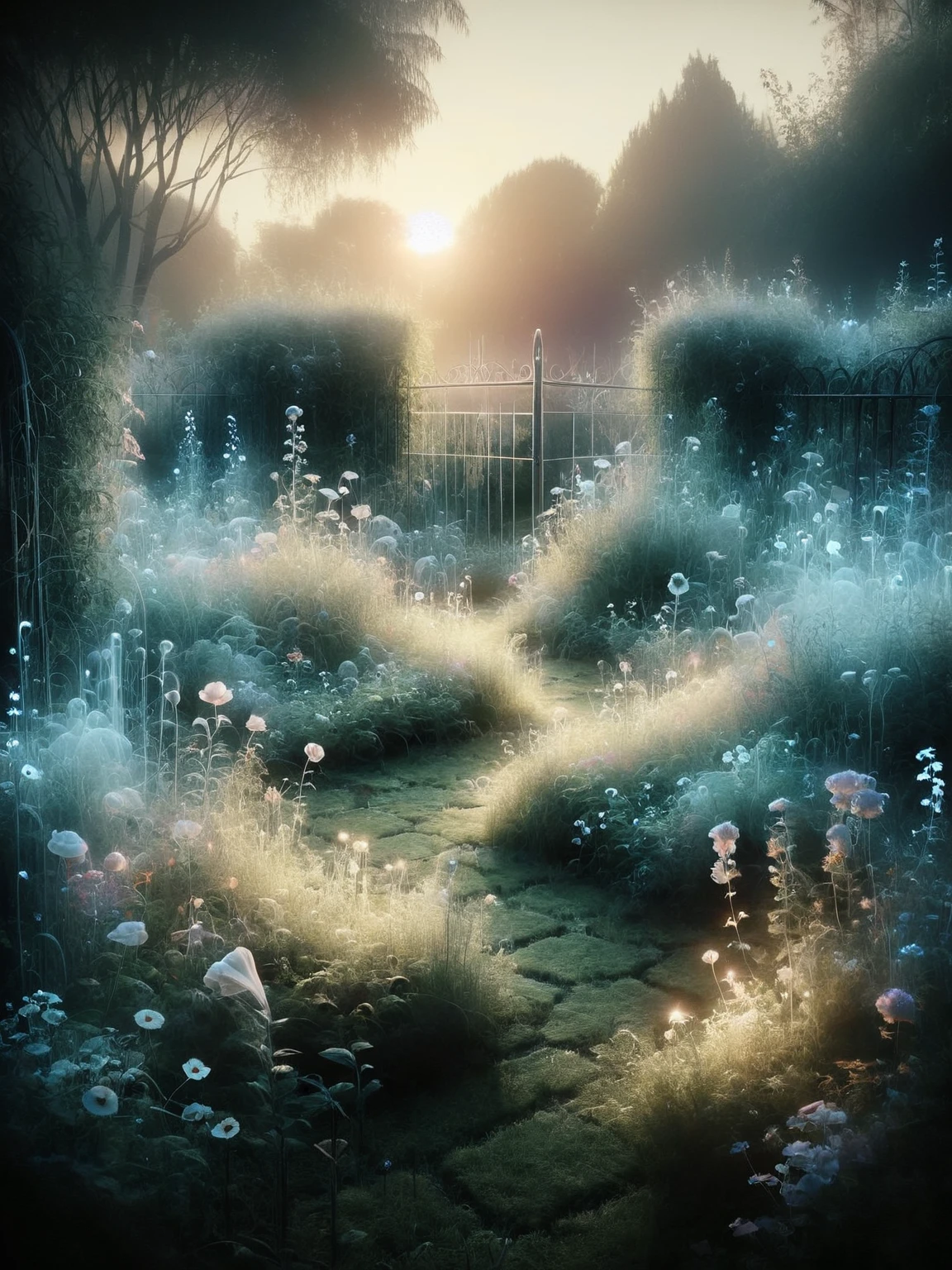 ais-ghostly overgrown garden at twilight, with spectral flowers glowing softly <lora:Ghostly_Style_SDXL:1>