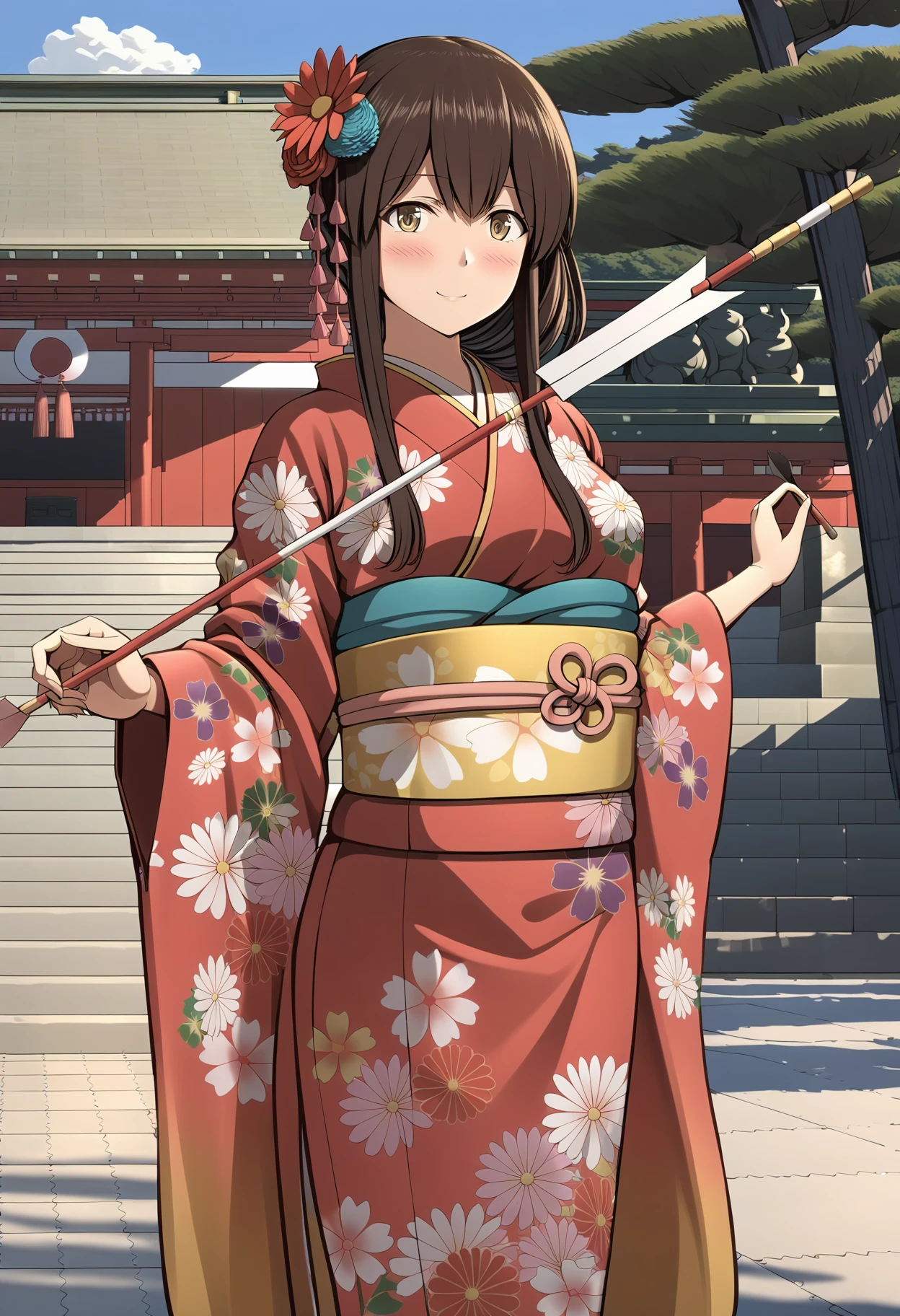1girl, akagi \(kancolle\), kantai collection, ichikawa feesu, blush, light smile, hair up, (holding arrow in front), (hamaya), cowboy shot, red kimono, obi, yellow bow, hair flower, furisode, hair ornament, floral print, print kimono, long sleeves, wide sleeves, breasts, brown eyes, looking at viewer, outdoors, shrine, natural lighting, (masterpiece, best quality), detailed background, blue sky, white cloud, (3d render:0.3), highly detailed, finely detailed <lora:akagi_ny_animaginexl_2-10:0.7>