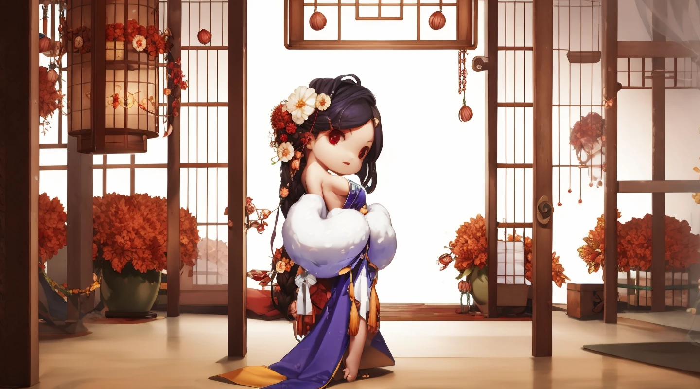 Hand drawn,Q-version,cute,blind box,1 girl standing,full body,flowers,hair accessories,white hair,long hair,spinning dance,hair flowers,barefoot,cage,red eyes,white Japanese clothing,long skirt,
High definition,exquisite,indoor,Chinese style windows,tables,scrolls,exquisite,high-definition,aurora image quality,
<lora:huanqing_langxiaosan3:0.8>,
