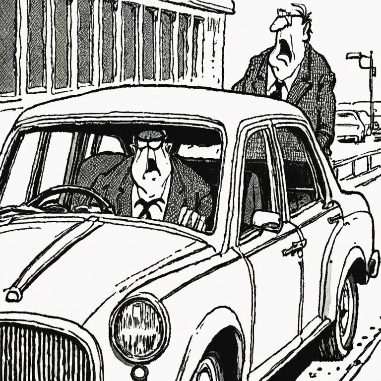 a black and white newspaper comic illustration of Herman in a car by Jim Unger <lora:Herman_Style_XL:1>