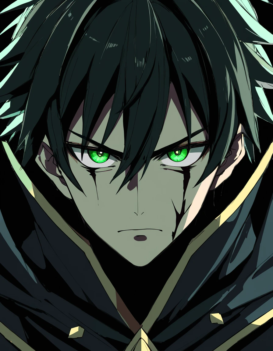 Close-up of (male anime character:1.3), (intense gaze:1.2), (dual-colored eyes:1.3) with one red and one green, spiky black hair, furrowed brows, (serious expression:1.2), shadowed face, (black cloak with golden trim:1.1), visible scar over left eyebrow, high-detail digital illustration, (dark background:1.1), anime style, strong facial features, contrasting colors, focused demeanor,
