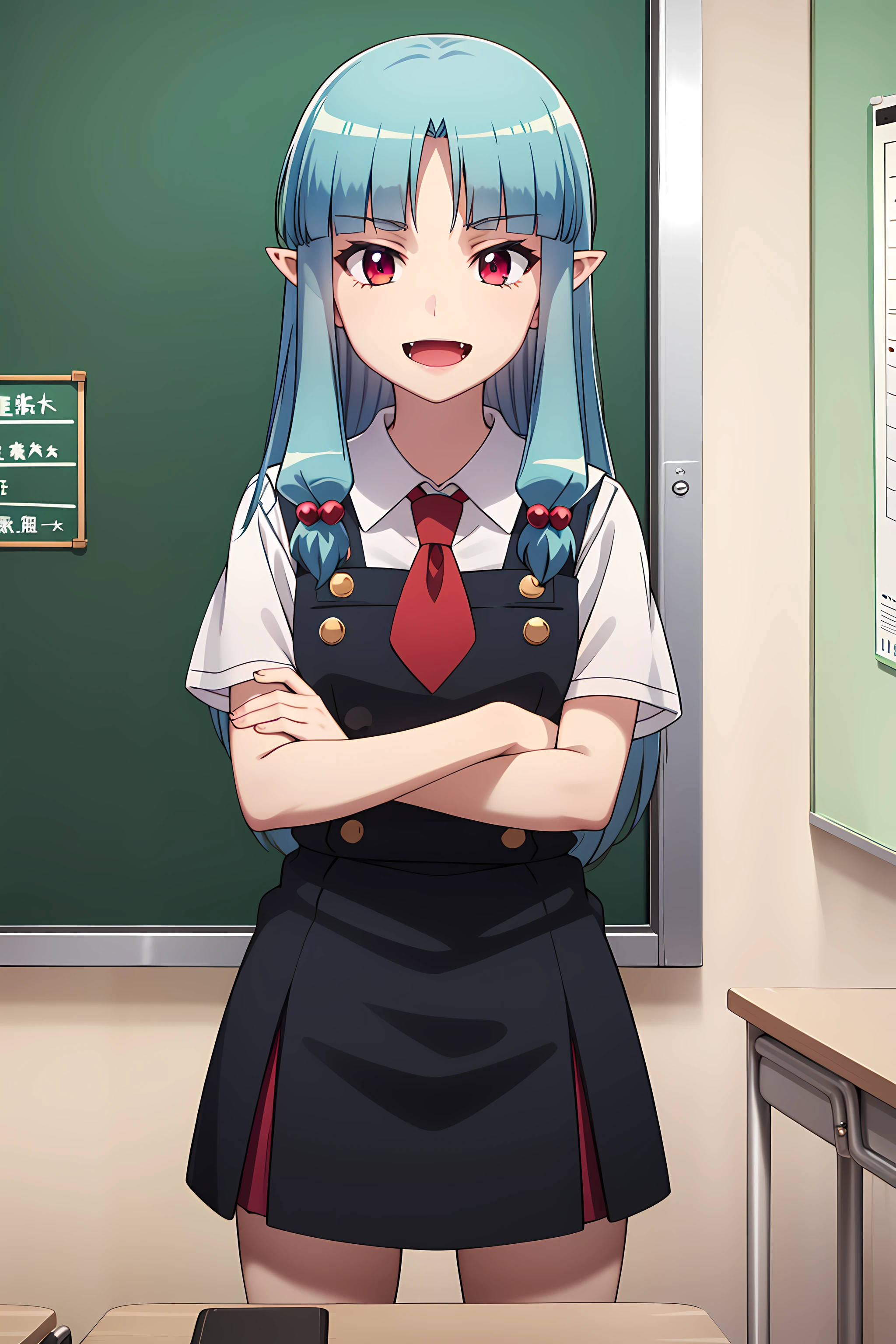 best quality, masterpiece, detailed,
<lora:Tsugumomo_Kiriha:0.9>, Kiriha,
1girl, open mouth, fang, smile,
aqua hair, red eyes, long hair, hair beads, blunt bangs, parted bangs, pointy ears,
KirihaSchoolUniform, school uniform, pinafore dress, red necktie, white shirt, short sleeves,
crossed arms, looking at viewer,
indoors, classroom, chalkboard