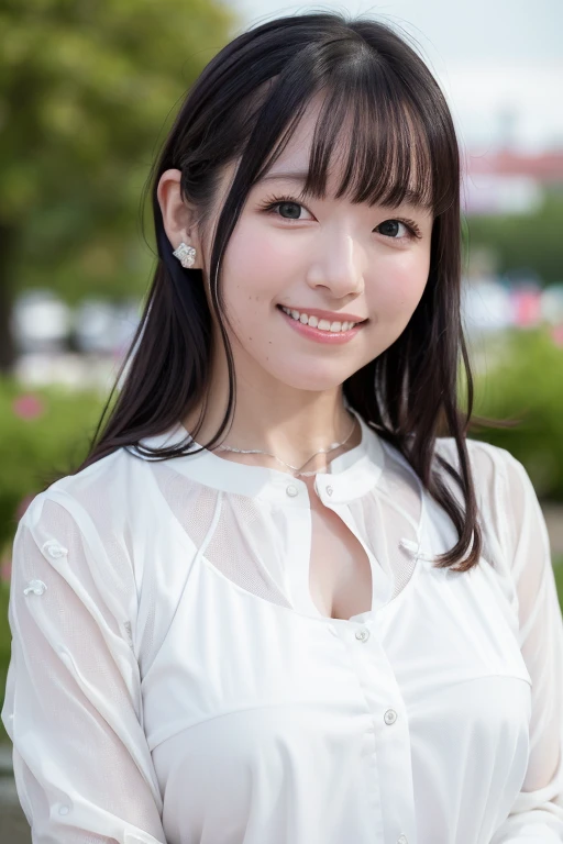 1girl, (white sheer blouse:1.6),(RAW photo, best quality), (realistic, photo-realistic:1.8), masterpiece, an extremely delicate and beautiful, extremely detailed, 2k wallpaper, Amazing, finely detail, extremely detailed CG unity 8k wallpaper, ultra-detailed, highres, soft light, beautiful detailed girl, extremely detailed eyes and face, beautiful detailed nose, beautiful detailed eyes,cinematic lighting,(in the city:2.0),perfect anatomy,(slender body:1.6),(close up face:2.0),(laugh,friendly, warm:1.8),(looking at viewer:2.0),(young japanese idol:1.8),(wavy long hair:1.8), (brown eyes:1.8), (cleavage:1.4), <lora:kannomai_lora-10:0.8>