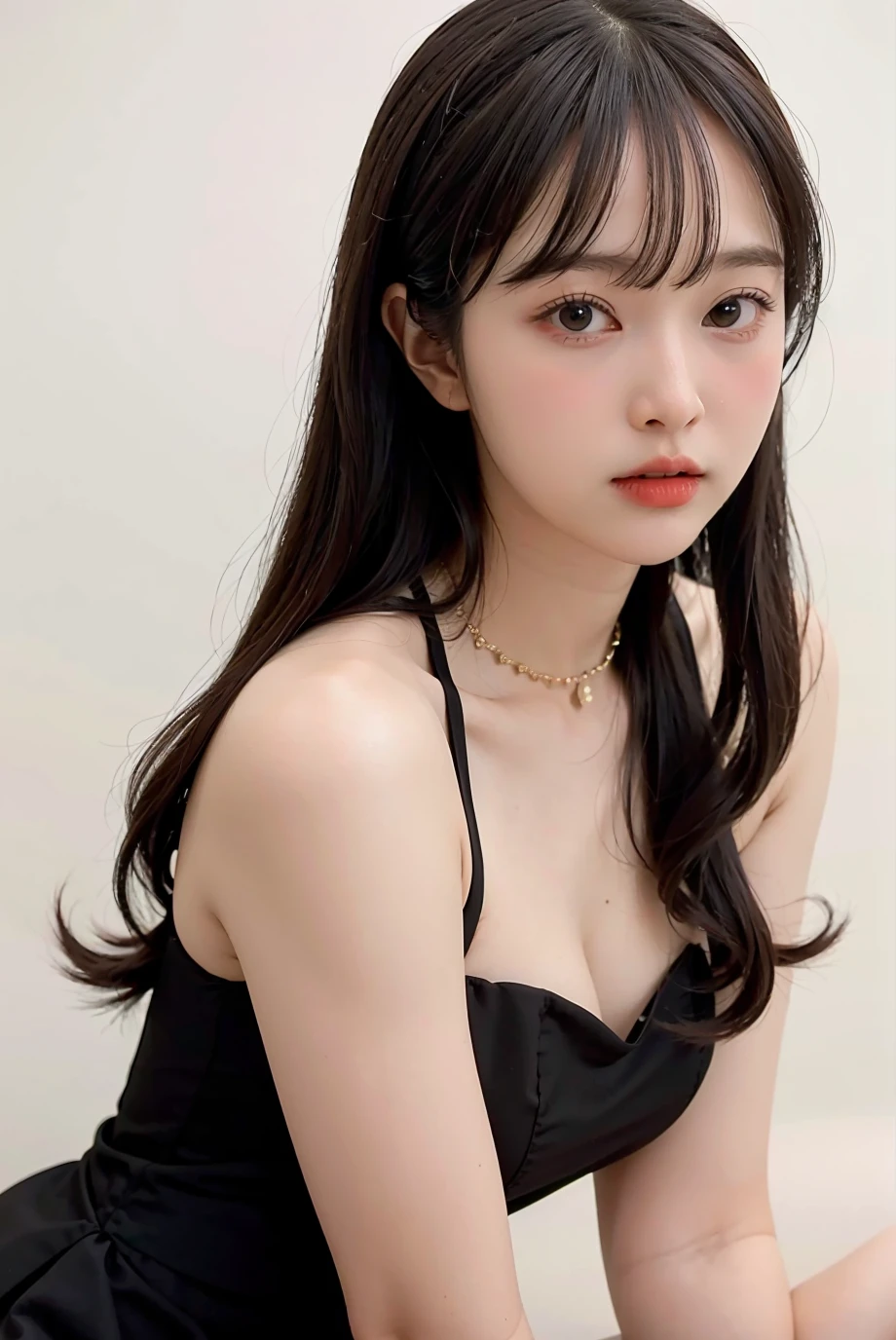1girl, hair with bangs, black formal long dress, white background, <lora:Deerlong-02:1>
