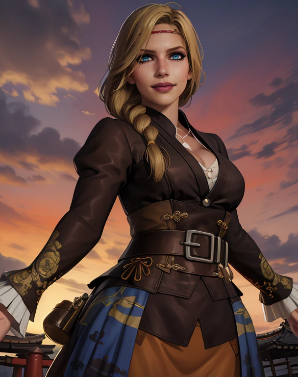 Maria,blonde hair,blue eye,braid over shoulder,string headband,single braid,
pants,belt,pelvic curtain,looking at viewer,smile,cleavage,
brown dress,long sleeves, 
standing, leaning back, 
edo_japan,underworld,red sky,
(insanely detailed, beautiful detailed face, masterpiece, best quality),solo,<lora:maria:0.8>,