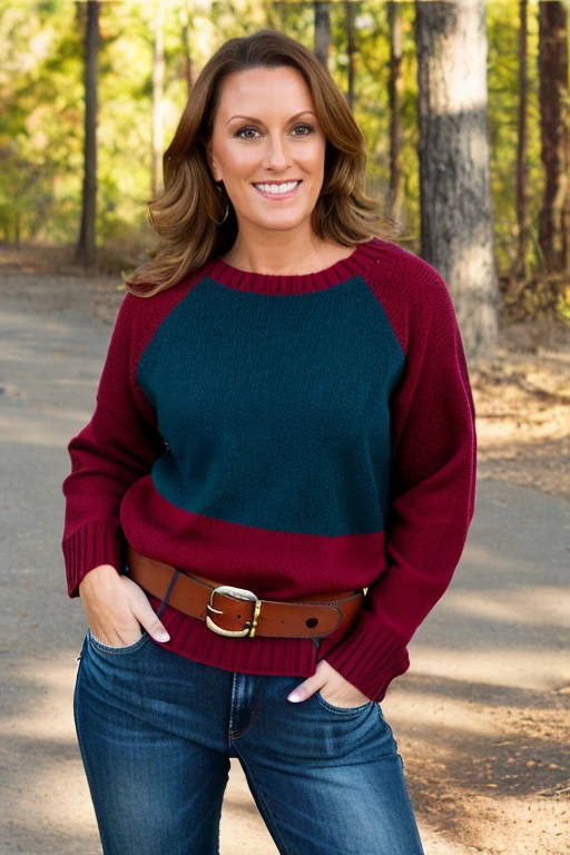 closeup portrait of allover30charlie, wearing sweater, jeans, belt, forest <lora:allover30charlie:0.9>
