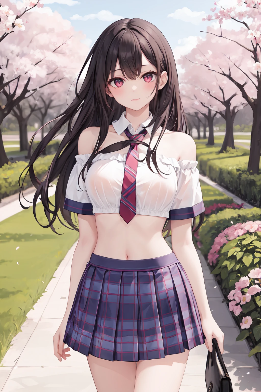 masterpiece,best quality,highres,ultra-detailed,cowboy_shot,(facing_viewer:1.1),solo,1girl,big_breasts,straight_long_hair,standing,outdoors,garden,cherry blossom trees,low_cut_school_uniform, plaid skirt, necktie, navel,<lora:low_cut_school_uniform:0.8>