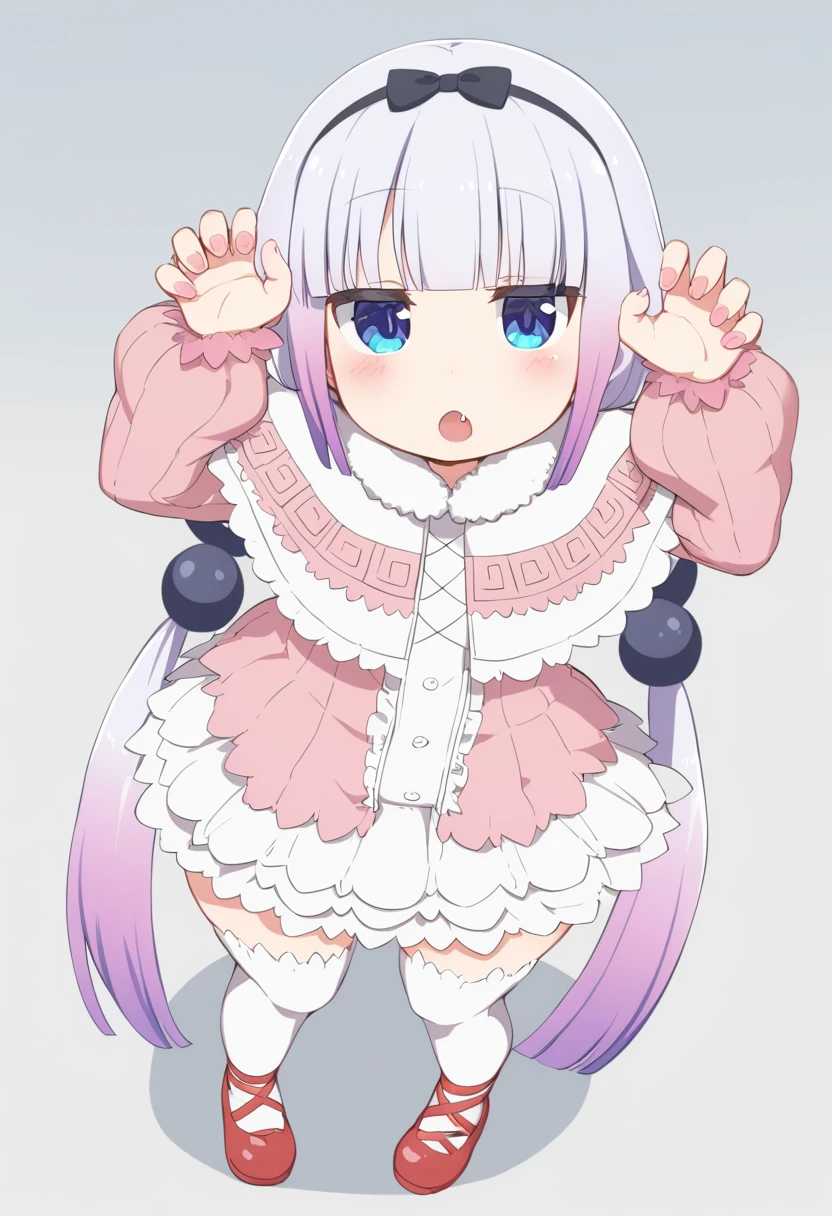 score_9, score_8_up, score_7_up, source_anime,rating_explicit,
kannakamui, kanna kamui, long hair, bangs, blue eyes, hair ornament, twintails, blunt bangs, low twintails, light purple hair, beads, dragon girl, hair beads, hairband,
thighhighs, long sleeves, dress, capelet, juliet sleeves,
indoors,
looking at viewer, dutch angle, cowboy shot