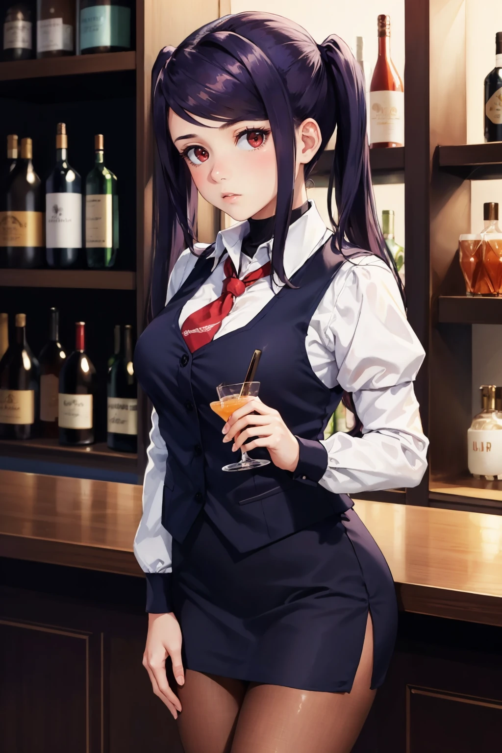masterpiece, best quality, <lora:jillstingray-nvwls-v1-000009:0.9> defJill, twintails, collared shirt, long sleeves, red necktie, vest, black skirt, pantyhose, turtleneck, cowboy shot, holding cocktail shaker, looking at viewer, expressionless