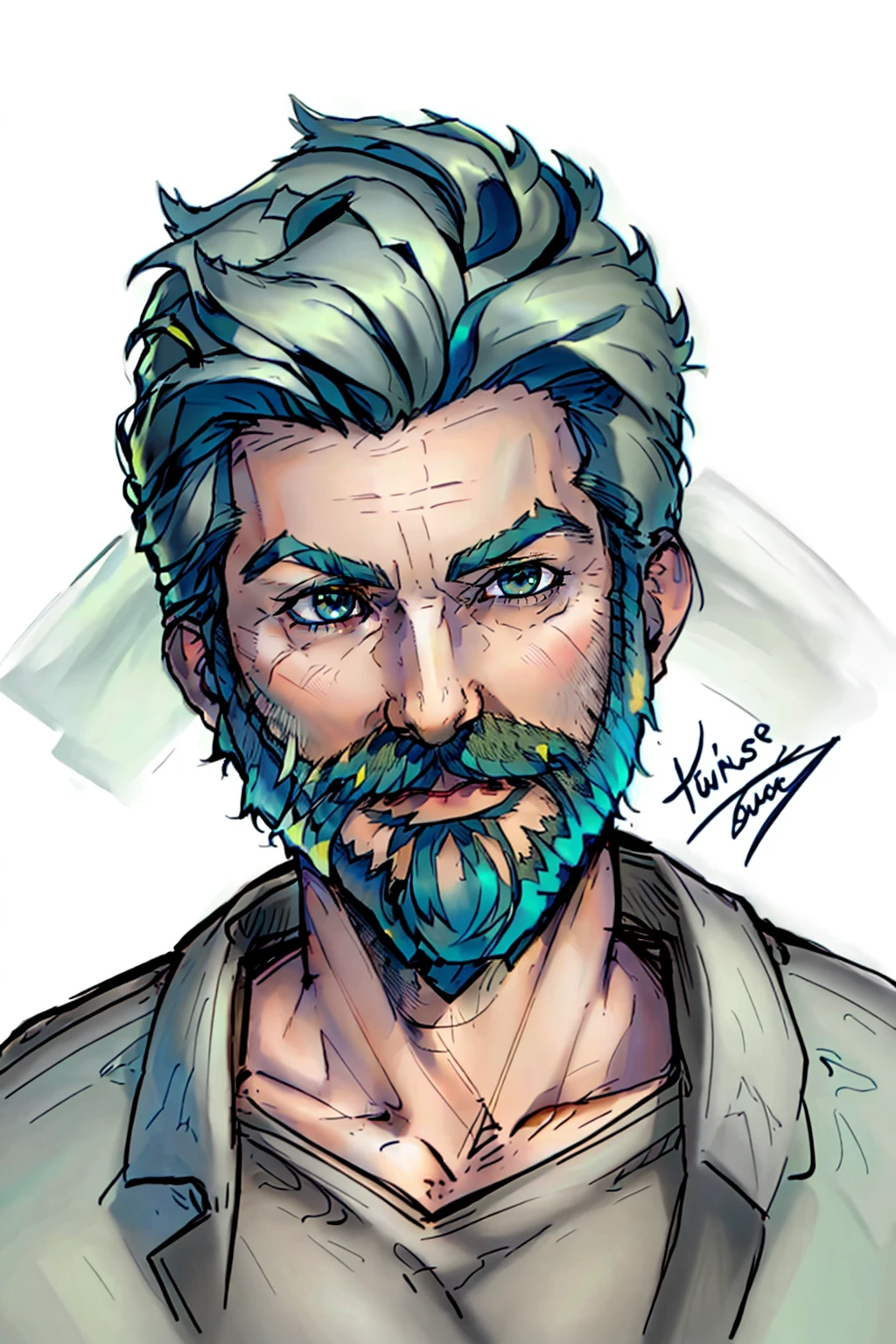 Duskfallcrew Art Style, solo, looking at viewer, short hair, blue eyes, simple background, shirt, 1boy, white background, male focus, parted lips, green hair, facial hair, portrait, bright pupils, grey shirt, beard, mustache, <lora:DuskArtV7:1>