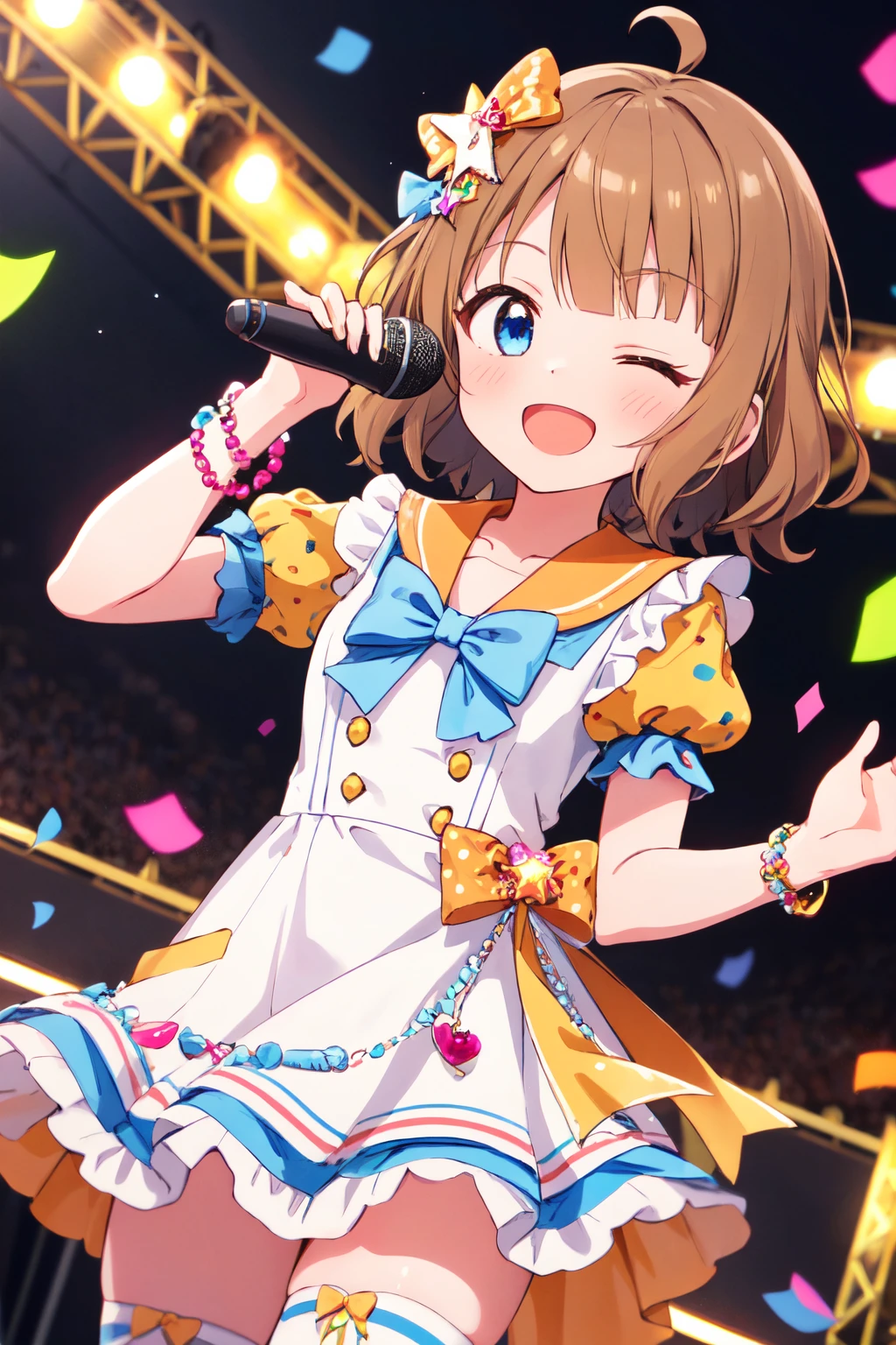 suou momoko, fancy alamode, ahoge, short hair, star hair ornament, blue bowtie, cowboy shot, hair ornament, frilled dress, heart ornament, glowstick, sparkle, brown hair, hair bow, bracelet, singing, thighhighs, microphone, music, orange bow, holding, yellow dress, jewelry, blush, bear ornament, bead bracelet, dutch angle, star ornament, print legwear, holding microphone, eyebrows visible through hair, sailor dress, puffy short sleeves, blue neckwear, confetti, polka dot bow, 1girl, standing, looking at viewer, beads, frilled sleeves, smile, solo, white dress, ;d, blue bow, collarbone, orange sailor collar, light brown hair, back bow, stage lights, one eye closed, open mouth, puffy sleeves, sailor collar, white legwear, frills, heart hair ornament, buttons, asymmetrical legwear, waist bow, blue eyes, idol, stage, short sleeves, yellow sleeves <lora:suou_momoko_locon_v1:0.7>