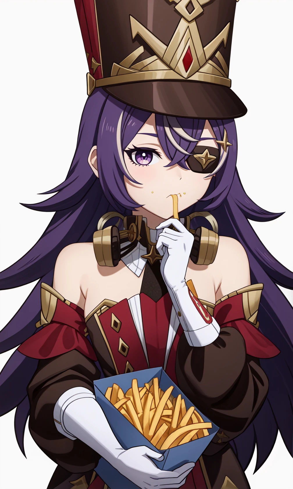 <lora:夿²è¾-000019:1>,Chevreuse,1girl,food,food on face,solo,hat,purple hair,holding,eyepatch,french fries,long hair,gloves,eating,purple eyes,holding food,looking at viewer,white gloves,white background,bare shoulders,bangs,military hat,uniform,hair between eyes,simple background,chicken \(food\),, 1girl,
, (masterpiece,best quality:1.2),absurdres
