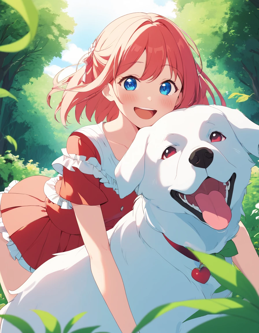 Anime-style (joyful young girl:1.2) with wide smile, (large white dog:1.2) with tongue out, matching happy expressions, girl in red top, clear blue eyes, lush greenery in background, (sense of companionship:1.3), natural daylight, vibrant color scheme, (feel-good atmosphere:1.2), detailed character design, family-friendly animation.