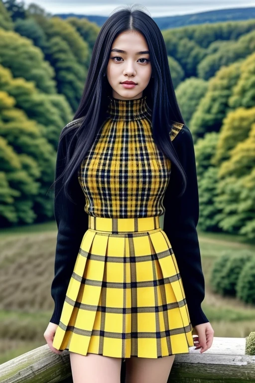 1 woman, 22yo, realistic, masterpiece, high detailed skin, looking at viewer, full body shot, scenic view, long hair, black hair
yellow plaid pleated miniskirt, yellow turtle neck sweater <lora:Yellow_Sweater_Skirt_By_Stable_Yogi:1>