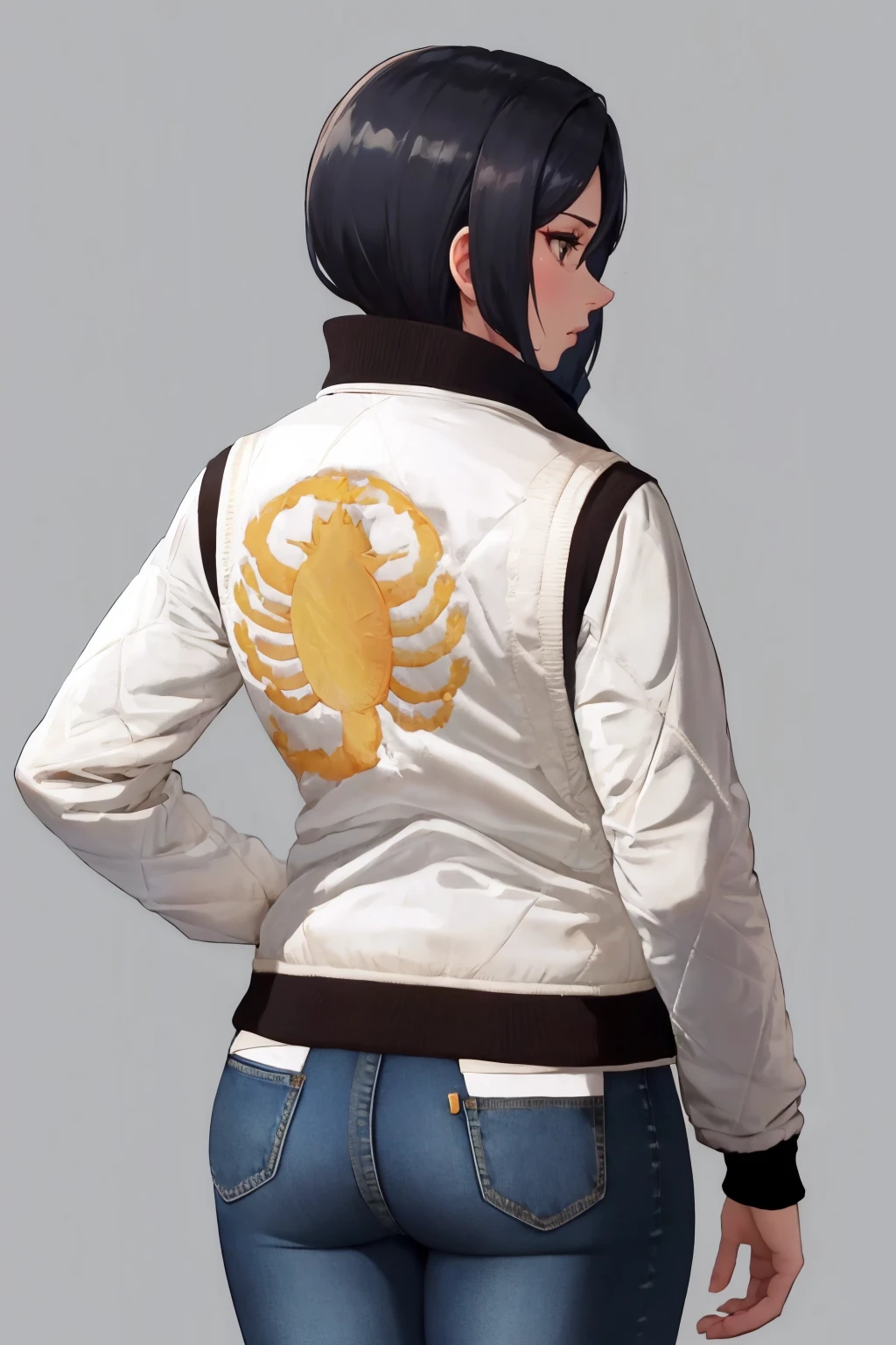masterpiece, best quality, 1girl, solo, <lora:drivejacket-outfit-richy-v1:1> print jacket, white jacket, from behind, standing, jeans, <lora:adawong-re-richy-v1:0.8> adadef, simple background