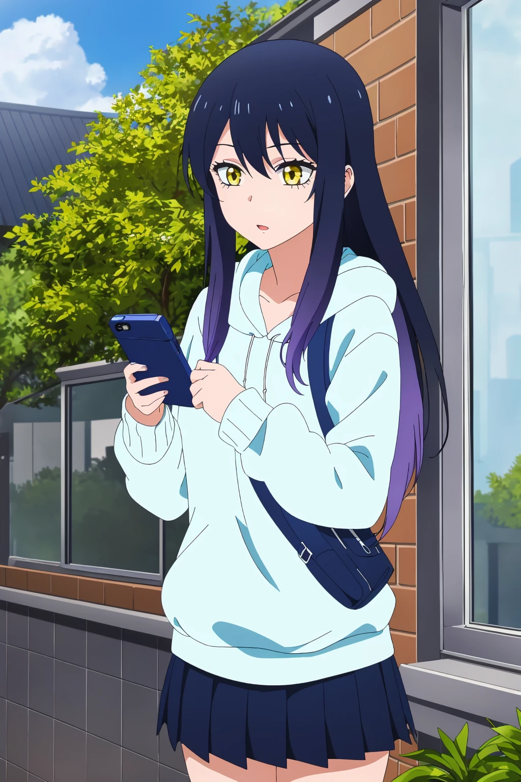 ((best quality)),((highly detailed)),masterpiece,absurdres,detailed face,beautiful face,(detailed eyes, deep eyes),(1girl),((dynamic pose)), 1girl, <lora:MikoV1.4-000010:0.7>,Miko, solo, hood, skirt, long hair, yellow eyes, bag, outdoors, hoodie, day, black hair, black skirt, holding, pleated skirt, hood down, hair between eyes, bangs, long sleeves, collarbone, miniskirt, standing, tree, parted lips, gradient hair, sky, multicolored hair, phone, window, cellphone, sweater, sleeves past wrists, open mouth, shiny hair, shiny, smartphone, sidelocks, plant, holding phone, purple hair, blue hair, looking away
