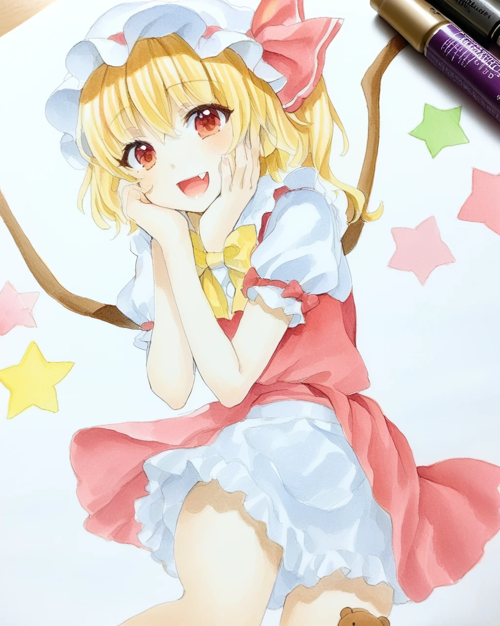 flandre scarlet,1girl, teddy_bear, solo, wings, traditional_media, lollipop, open_mouth, heart, star_\(symbol\), side_ponytail, bow, smile, skirt, short_sleeves, painting_\(medium\), fang, puffy_sleeves, fruit, mob_cap, ribbon, looking_at_viewer, hands_on_own_face, colored_pencil_\(medium\), watercolor_\(medium\), marker_\(medium\)
<lora:flandre_scarlet_a3base-000005:1>,masterpiece, best quality